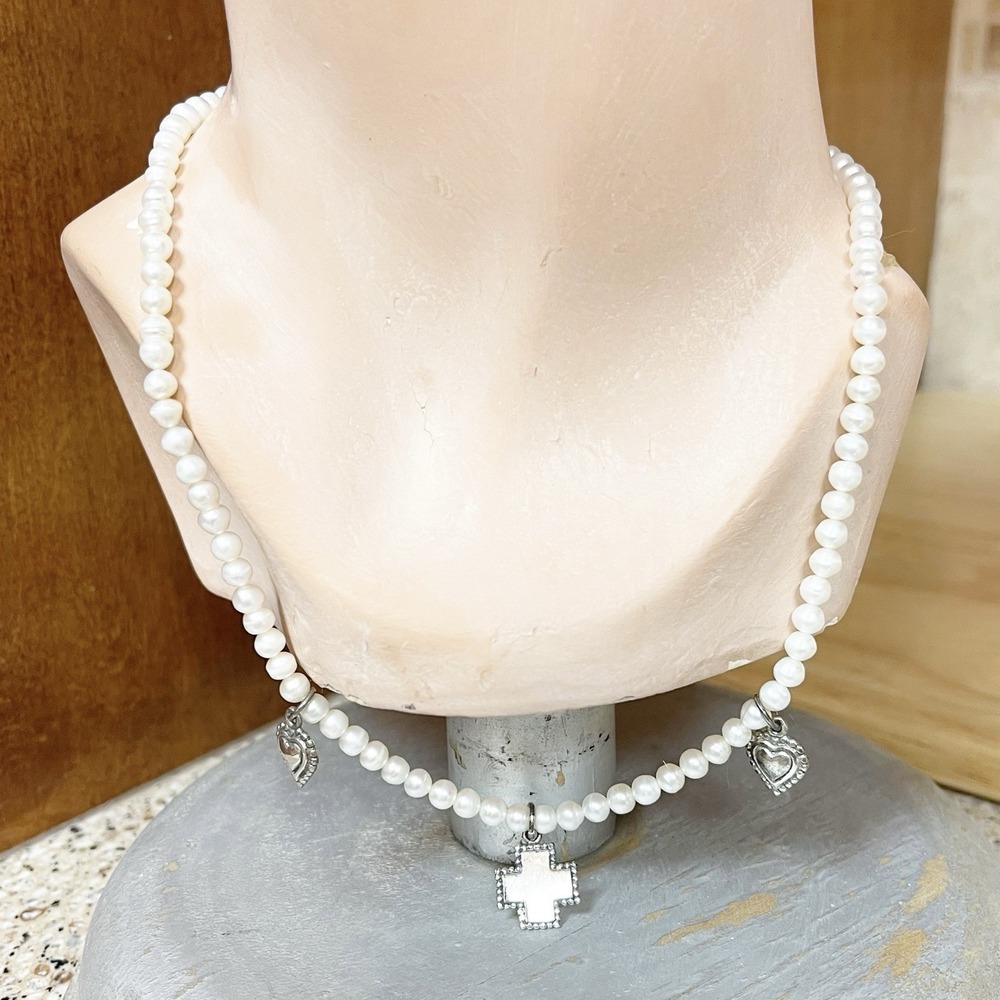 Vintage Pearl Necklace .925 Sterling Silver Charms Cross Heart Estate Jewelry